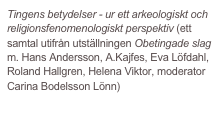 Tingens betydelser - ur ett arkeologiskt och religionsfenomenologiskt perspektiv (ett samtal utifrån utställningen Obetingade slag m. Hans Andersson, A.Kajfes, Eva Löfdahl, Roland Hallgren, Helena Viktor, moderator Carina Bodelsson Lönn) 